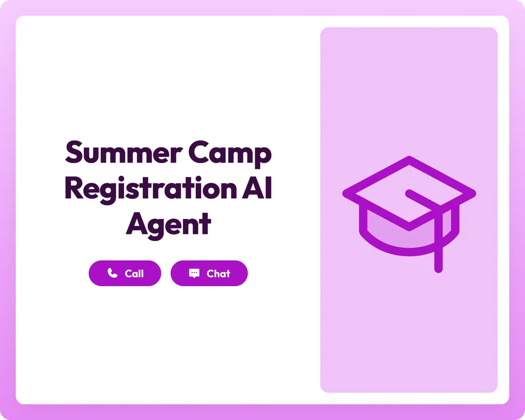summer camp registration made easy with call and chat support beside a graduation cap icon panel