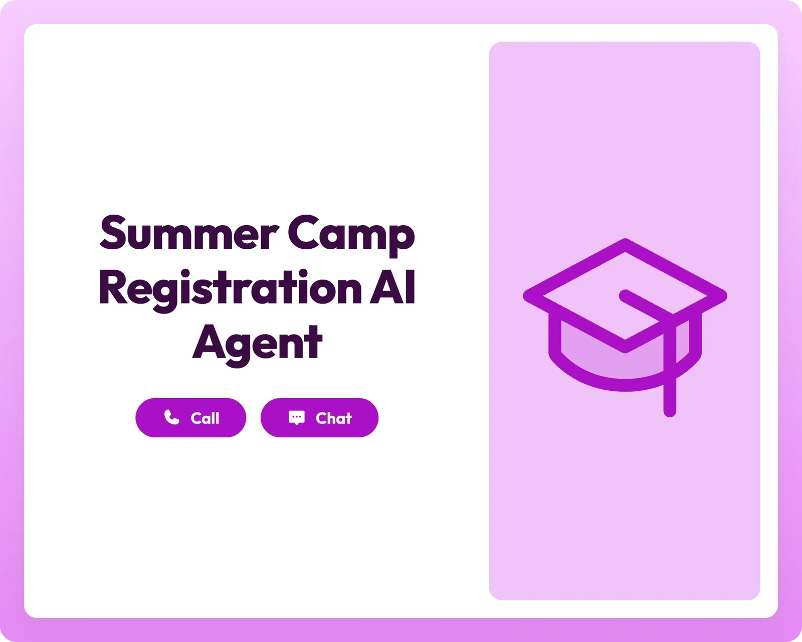 summer camp registration made easy with call and chat support beside a graduation cap icon panel