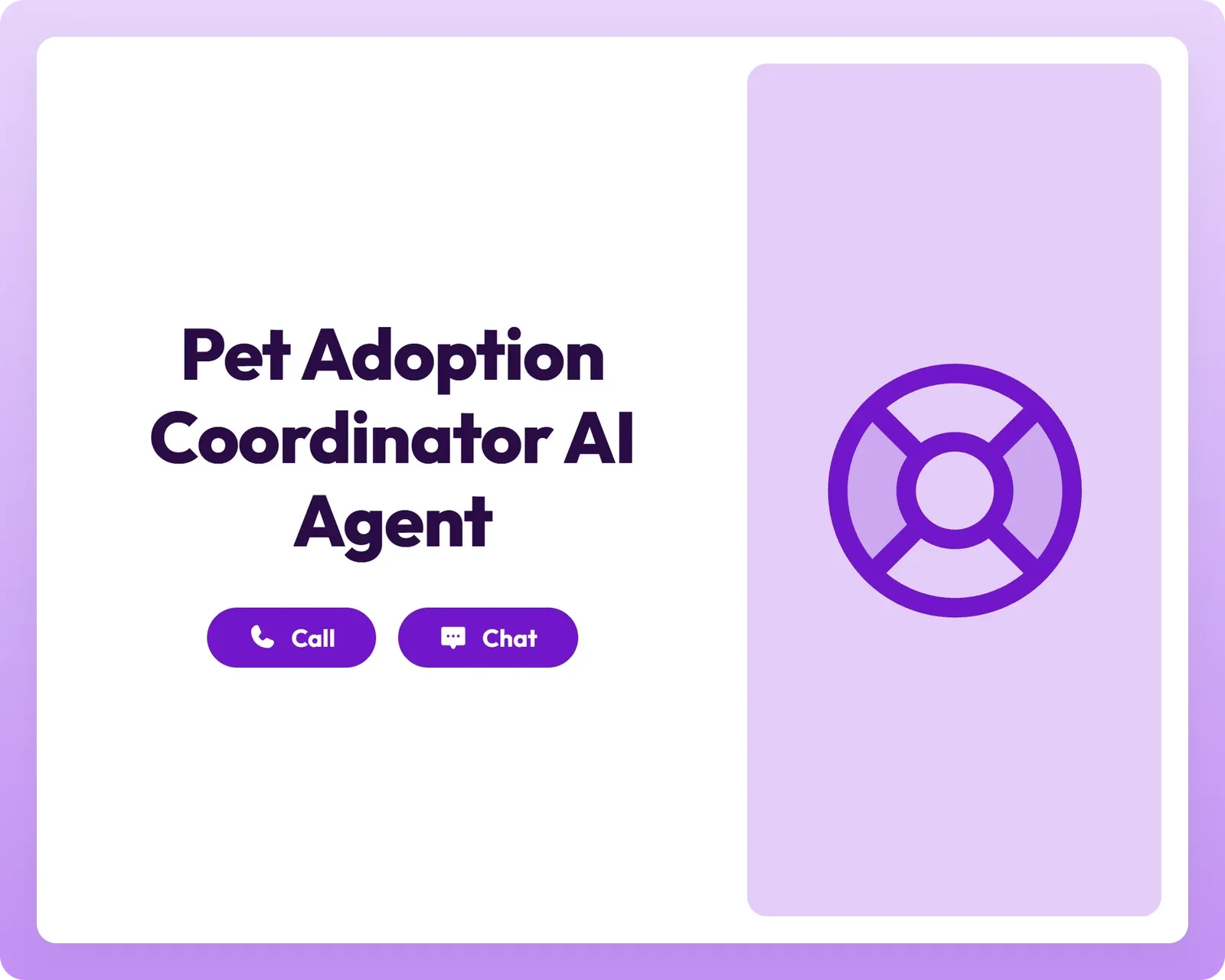 ai business agent supporting pet adoption with call and chat buttons beside a lifebuoy icon
