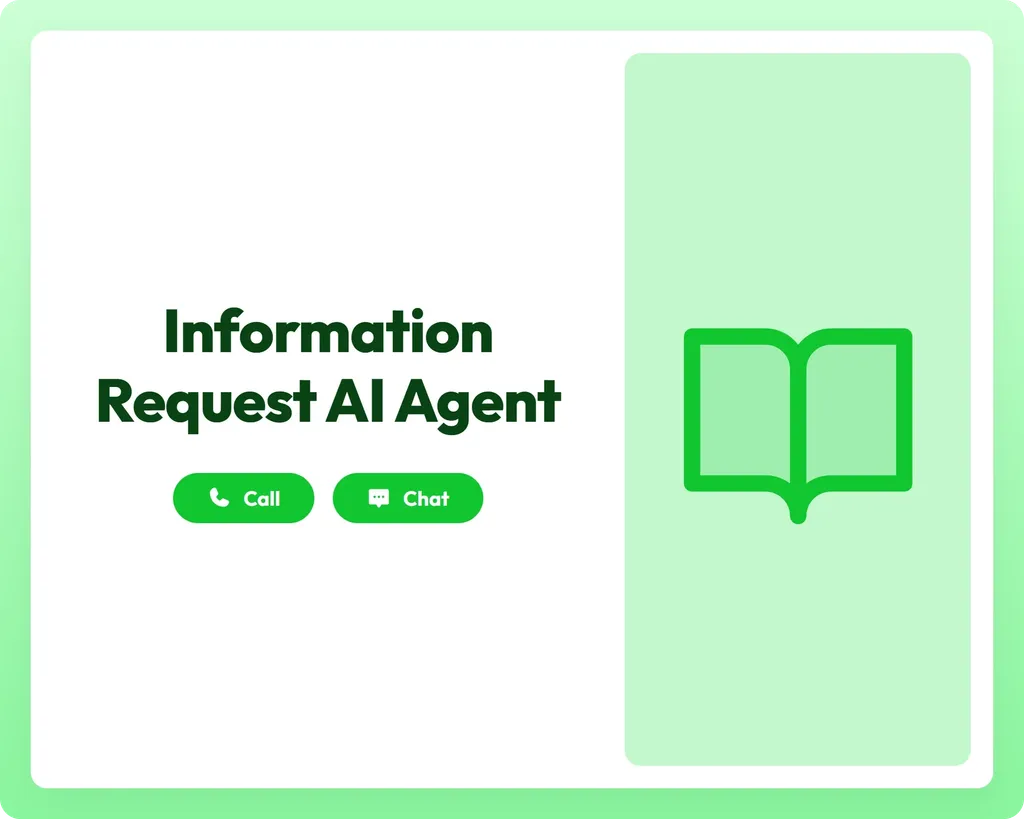 information request ai agent supports call and chat with a book open icon for easy inquiry management