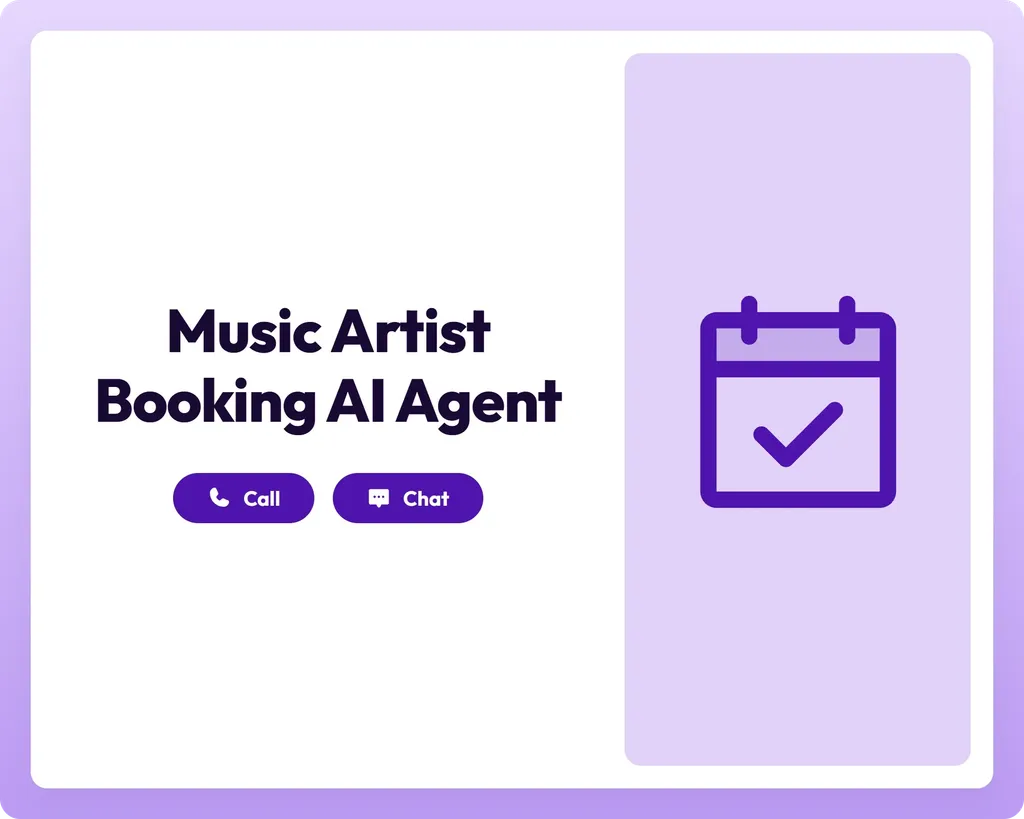 music artist booking ai agent with call and chat support alongside a calendar icon panel