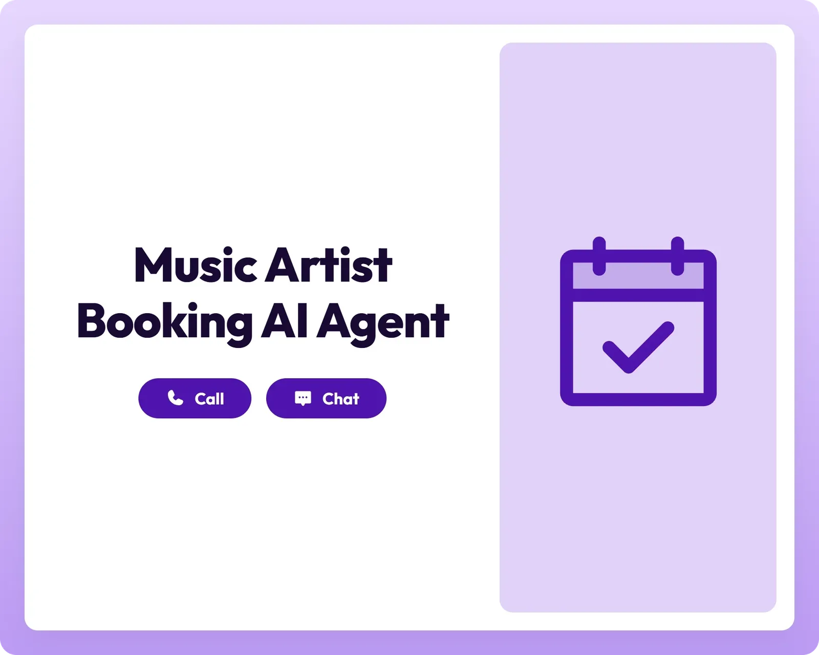 music artist booking ai agent with call and chat support alongside a calendar icon panel
