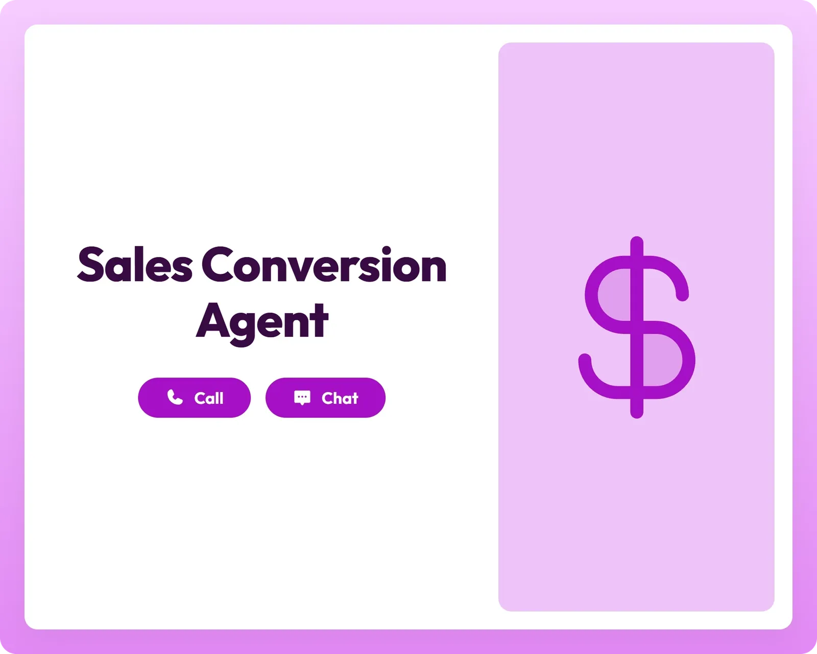 Sales Conversion Agent hero card on theDouble.ai, with title, Call/Chat buttons, and currency icon