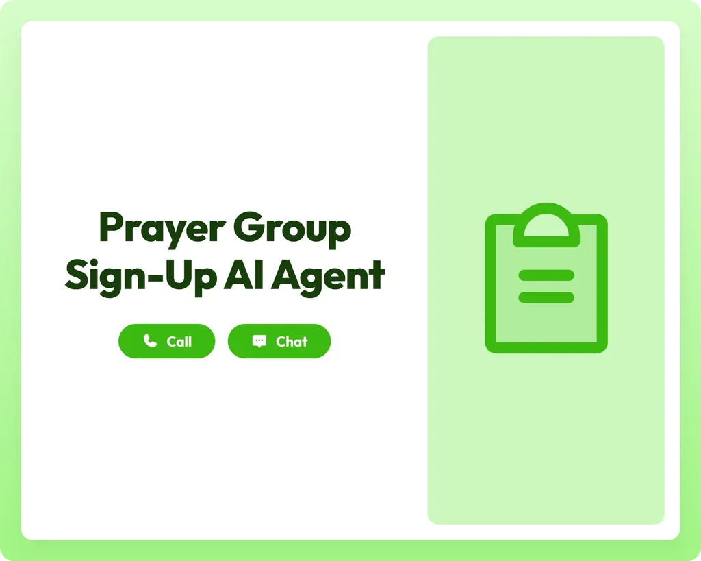 prayer group sign-up ai agent offers seamless support via call and chat alongside a clipboard text icon panel