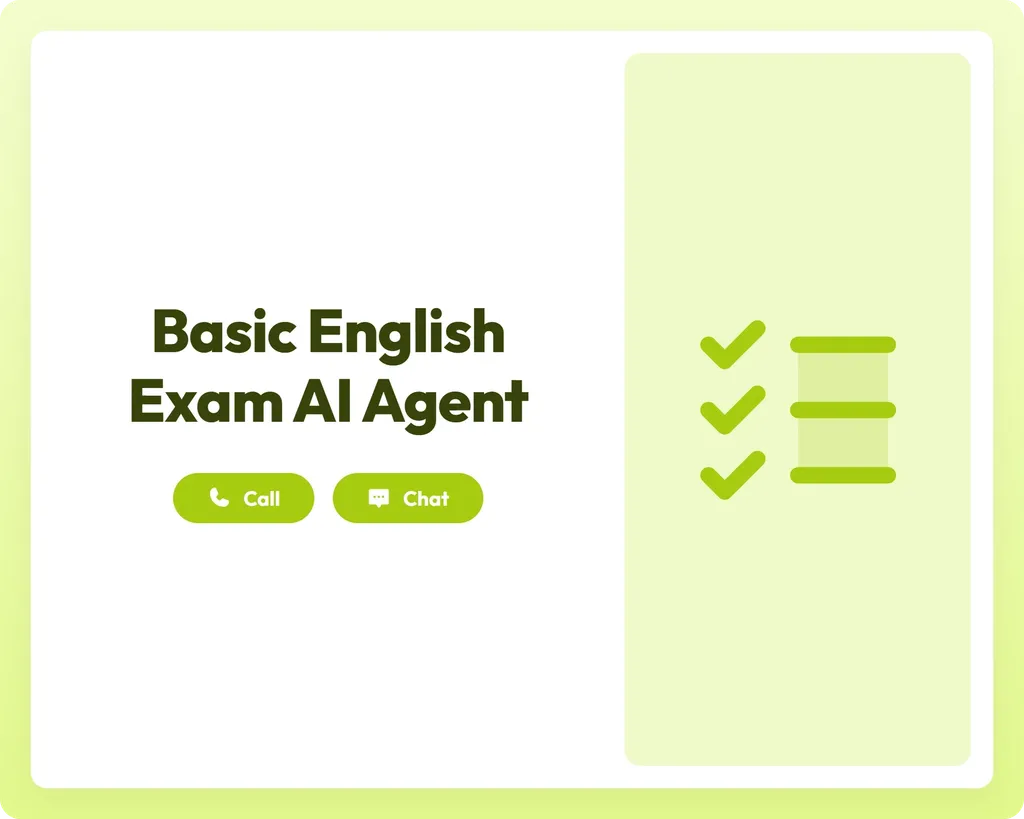 visual for basic english exam ai agent with call and chat support alongside a checklist icon panel
