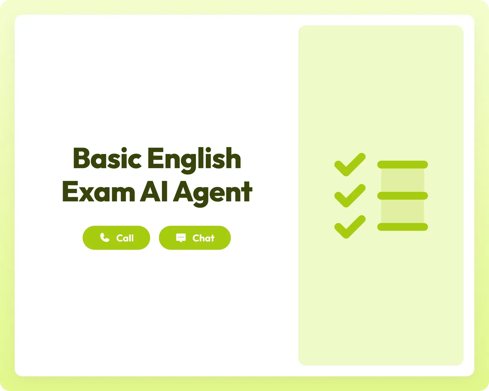 visual for basic english exam ai agent with call and chat support alongside a checklist icon panel