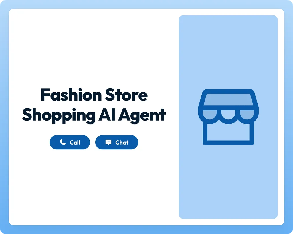 fashion store shopping ai event agent with call and chat buttons beside a storefront icon panel