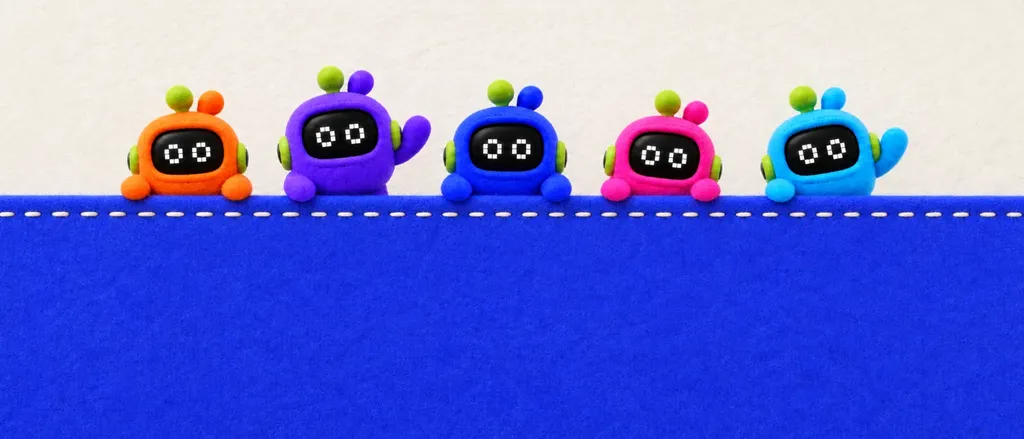 Five crew agents peek over the edge of a cobalt felt sheet