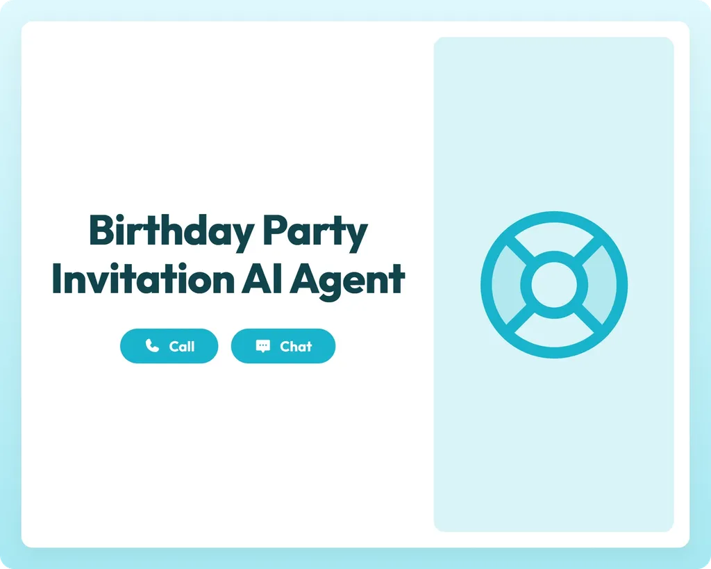 birthday party invitation ai event agent offers support through call and chat buttons alongside a lifebuoy icon panel