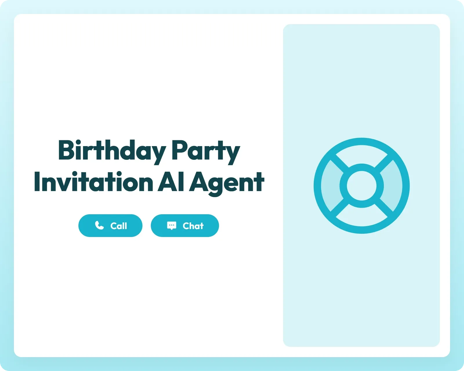 birthday party invitation ai event agent offers support through call and chat buttons alongside a lifebuoy icon panel