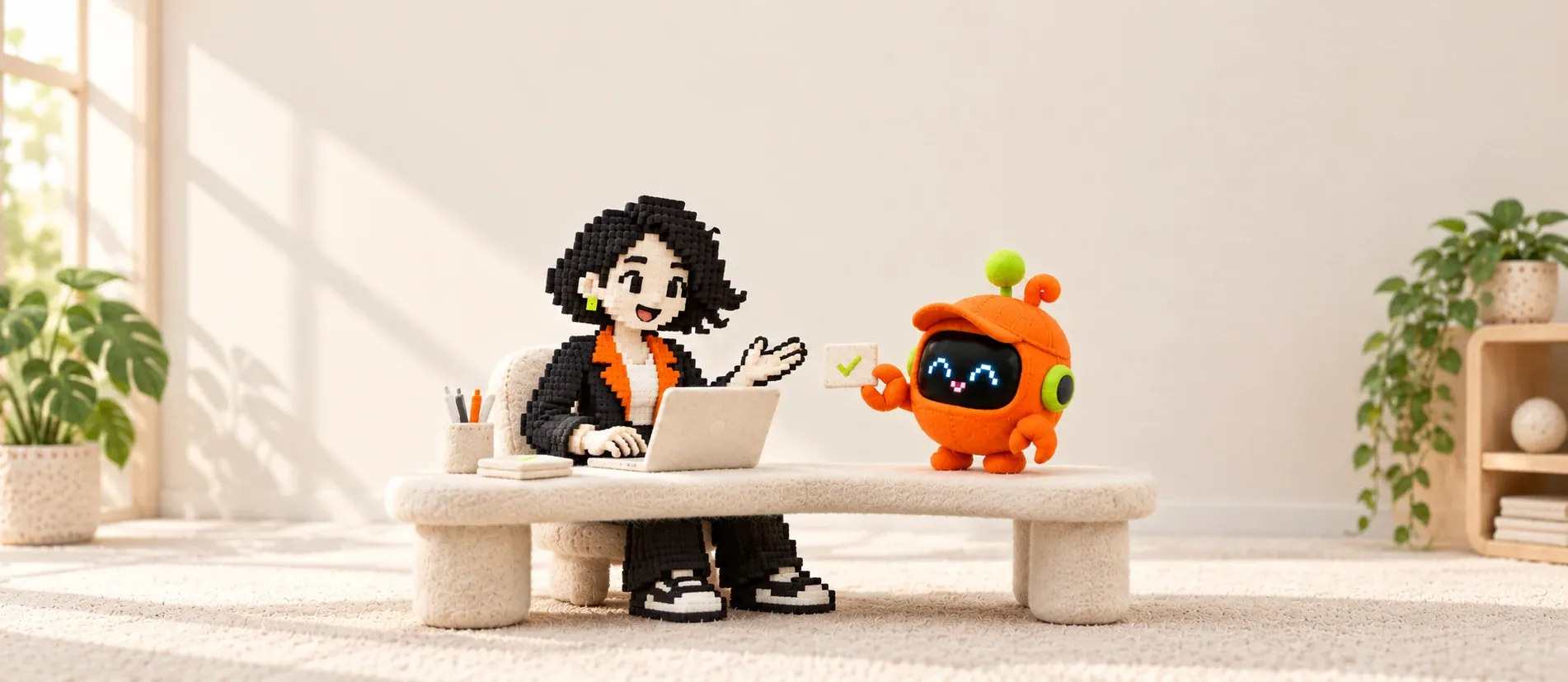 You work at your desk while your tangerine Double hands you a finished card