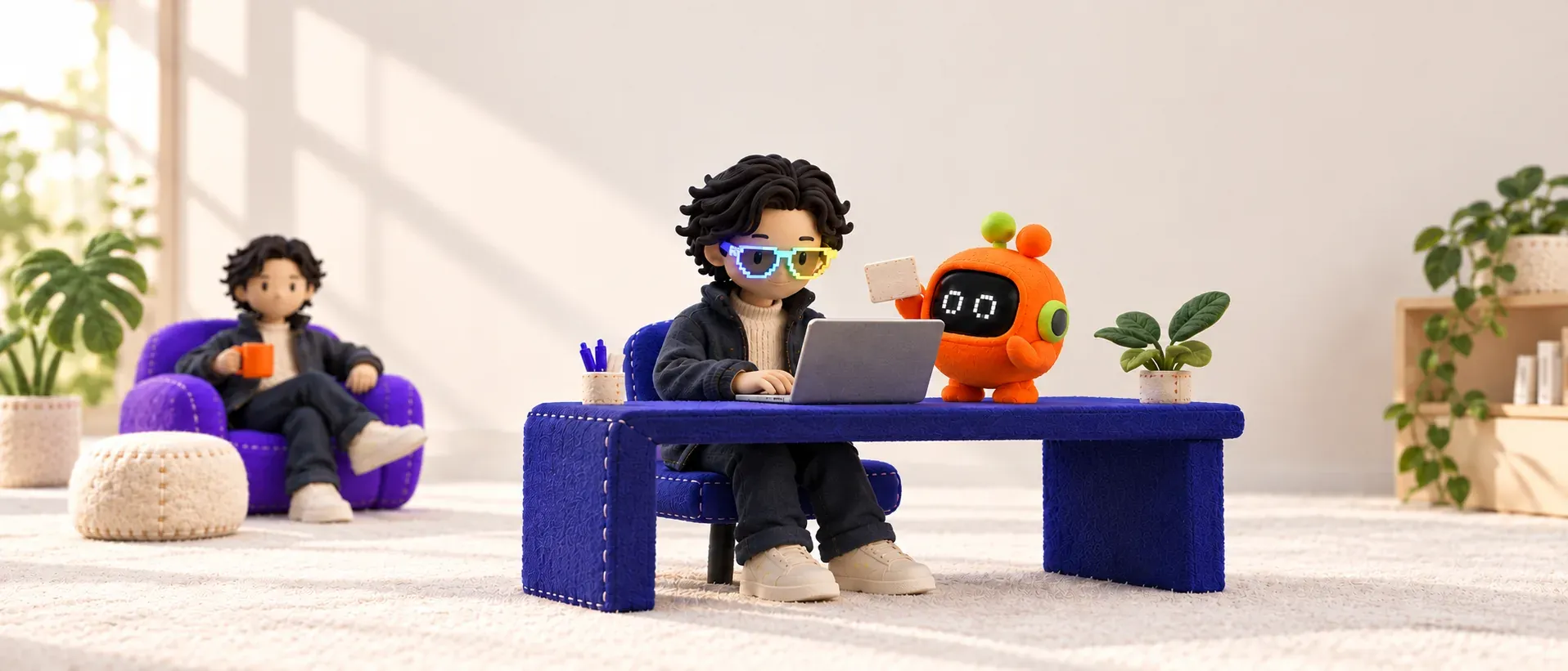 Your Double works at a cobalt felt desk with its tangerine AI teammate while you relax in the background