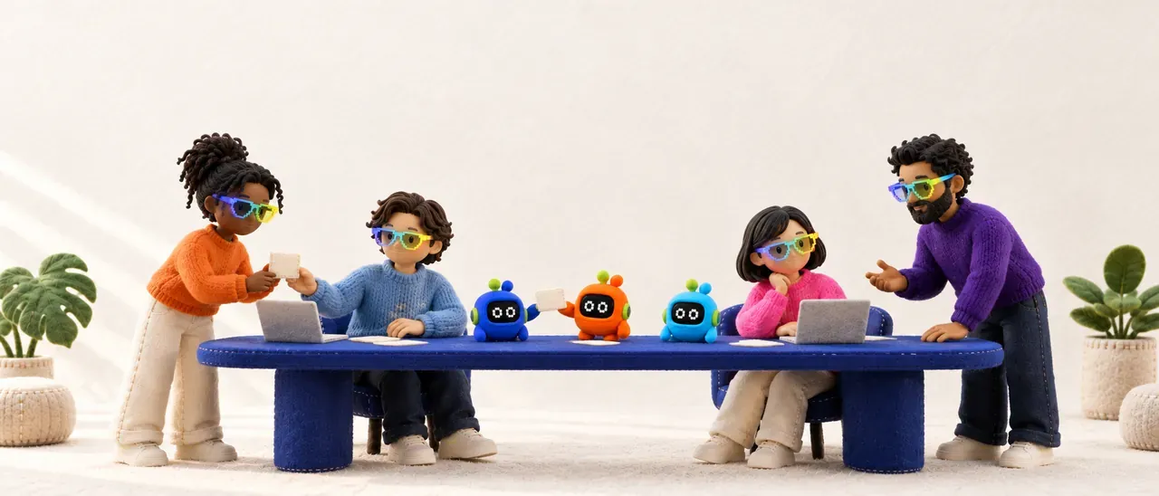A busy team around a cobalt felt table, laptops open, with three small agents waiting