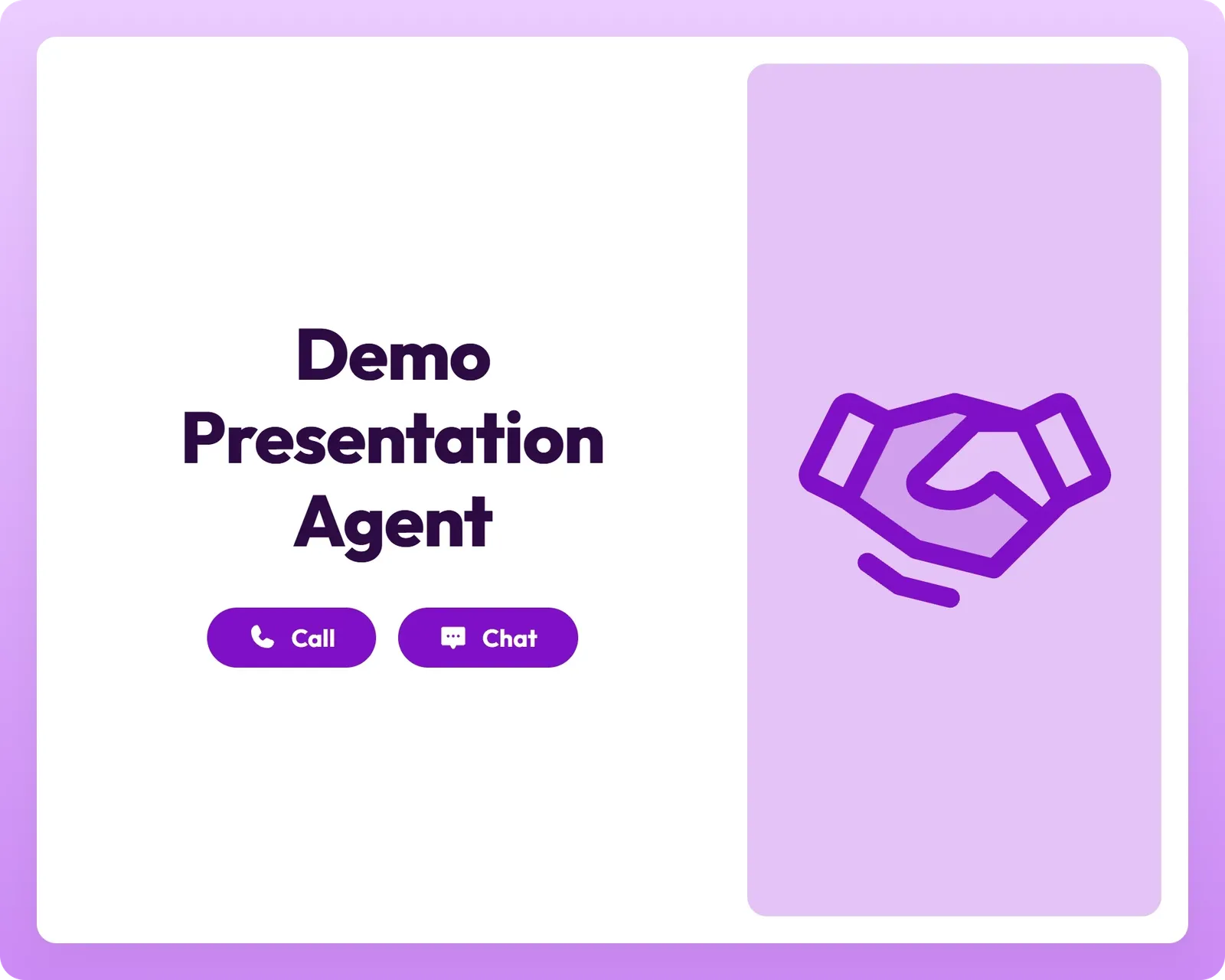 Demo Presentation Agent hero card on theDouble.ai, with title, Call/Chat buttons, and icon panel
