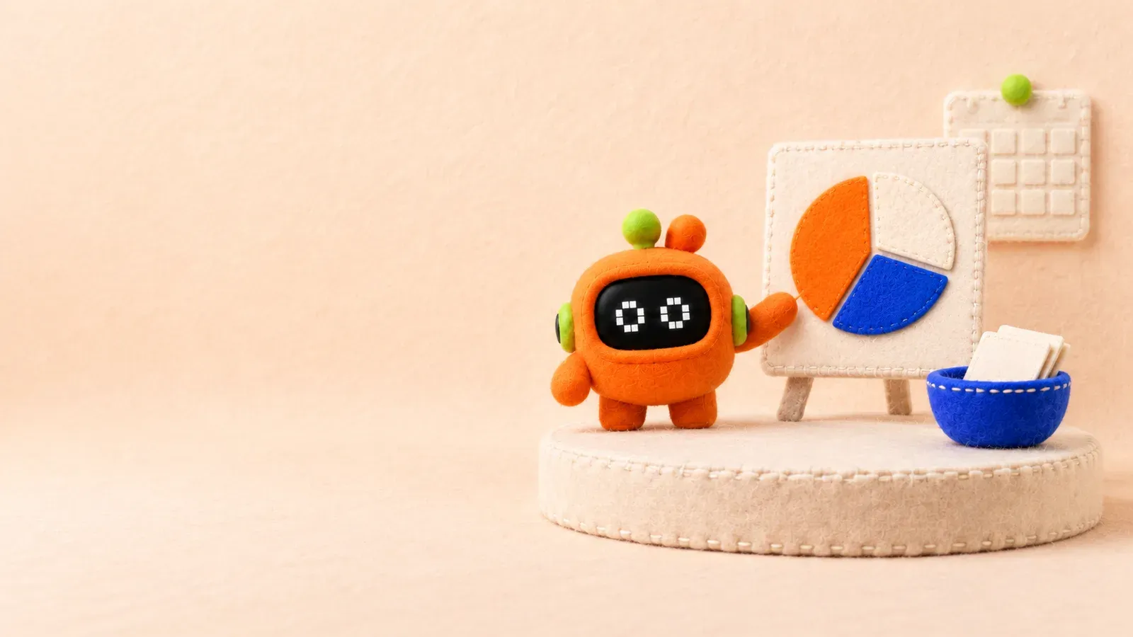 The tangerine agent presents a felt pie chart on a podium
