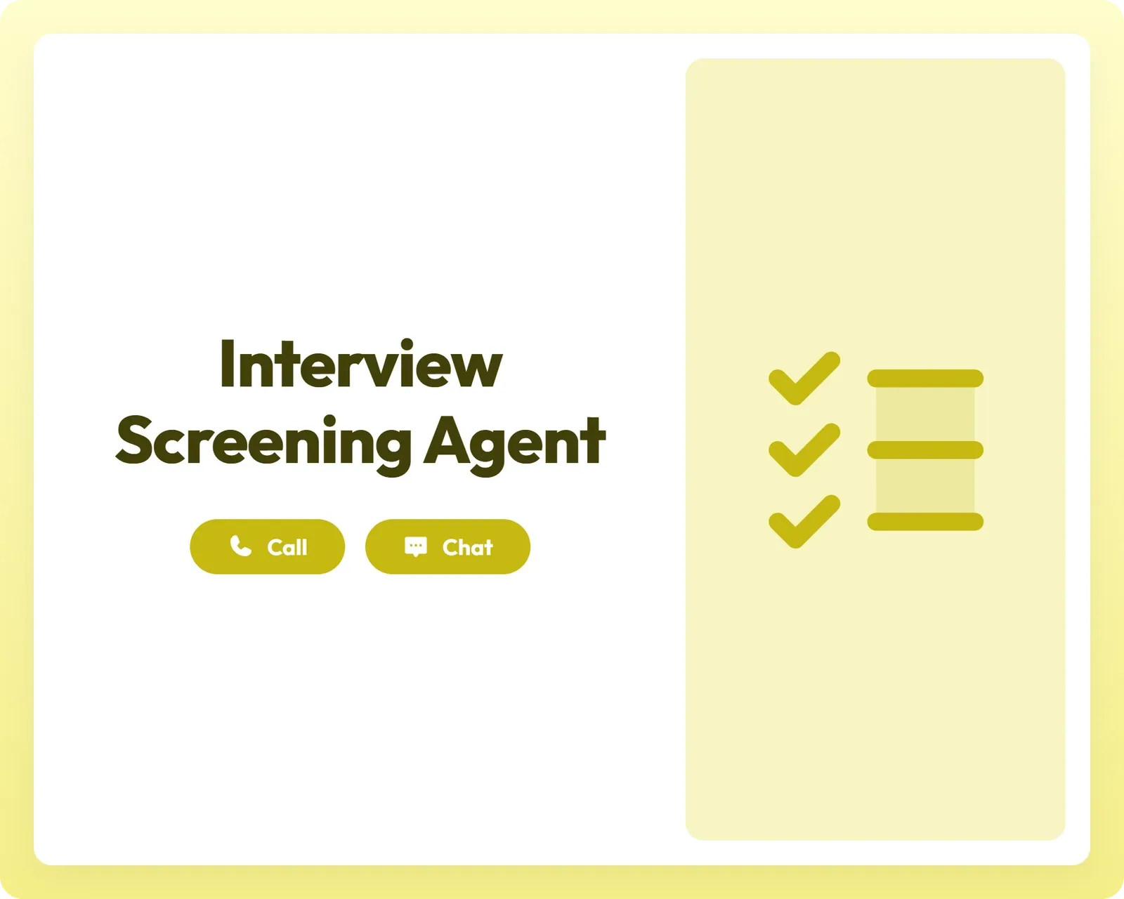 Interview Screening Agent hero card on theDouble.ai with title, Call/Chat buttons, and icon panel