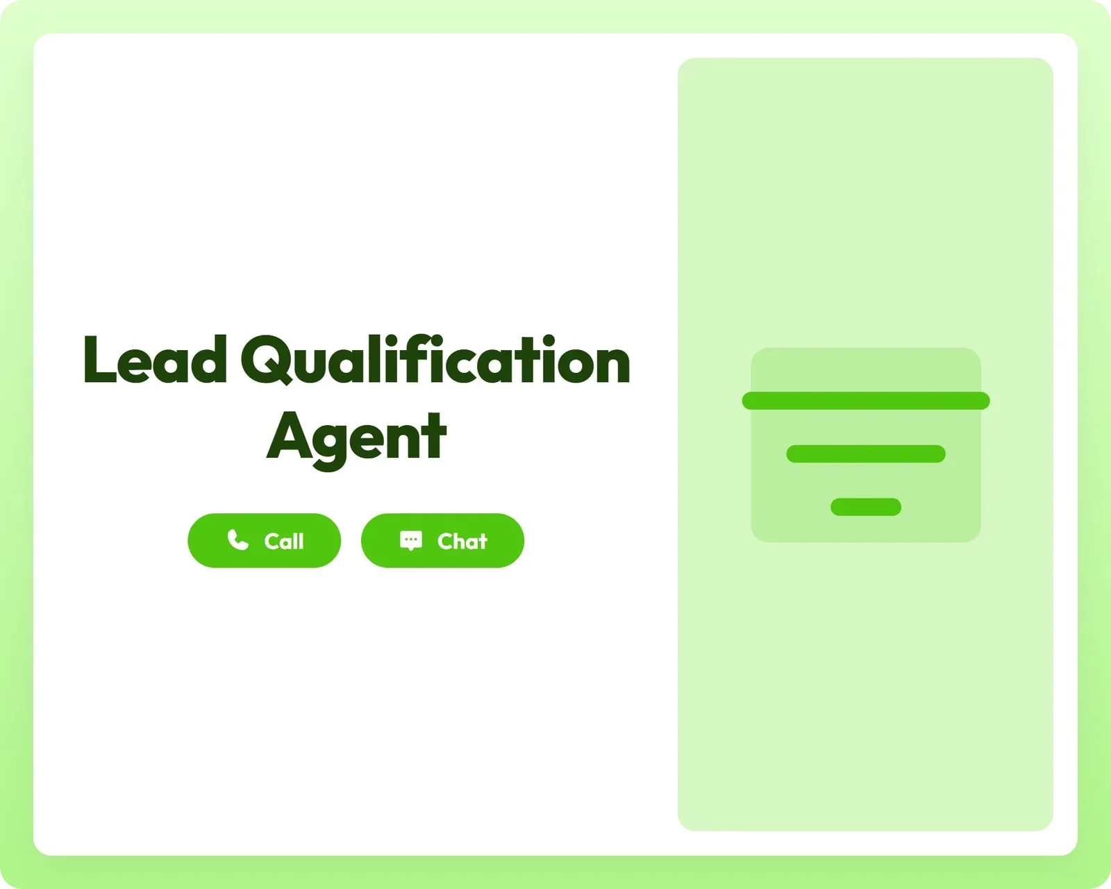 Lead Qualification Agent hero card on theDouble.ai, with title, Call/Chat buttons, and funnel icon, introducing AI lead…