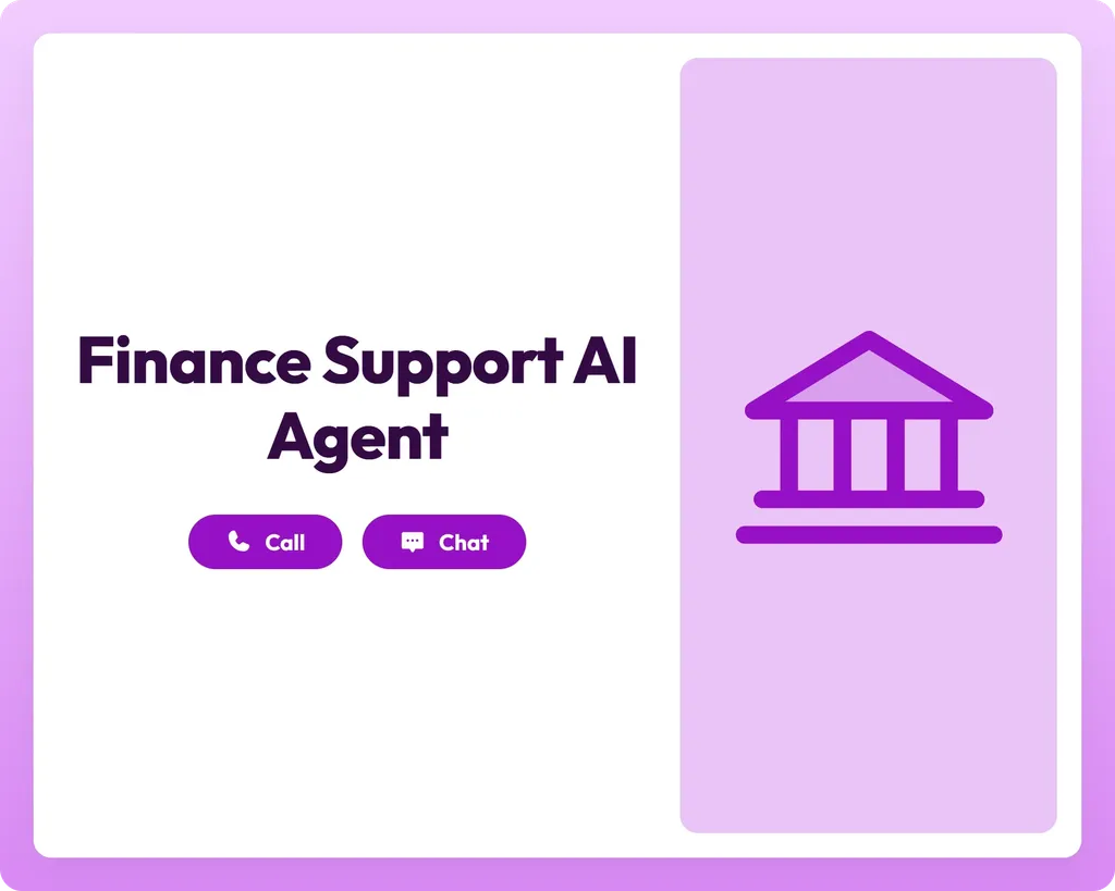 finance support ai agent with call and chat buttons alongside a bank icon panel